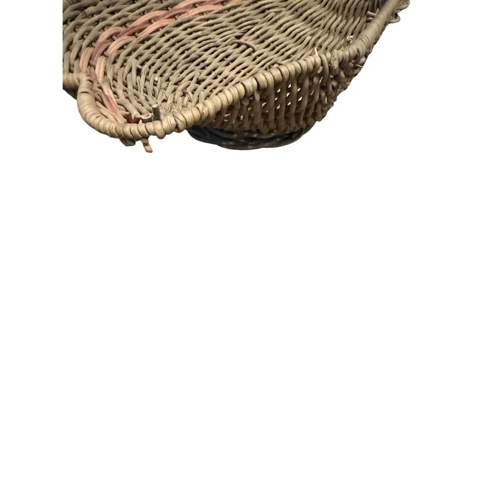 Vintage Woven Wicker Scalloped Shell Basket Coastal Nautical Decor Pink Accent